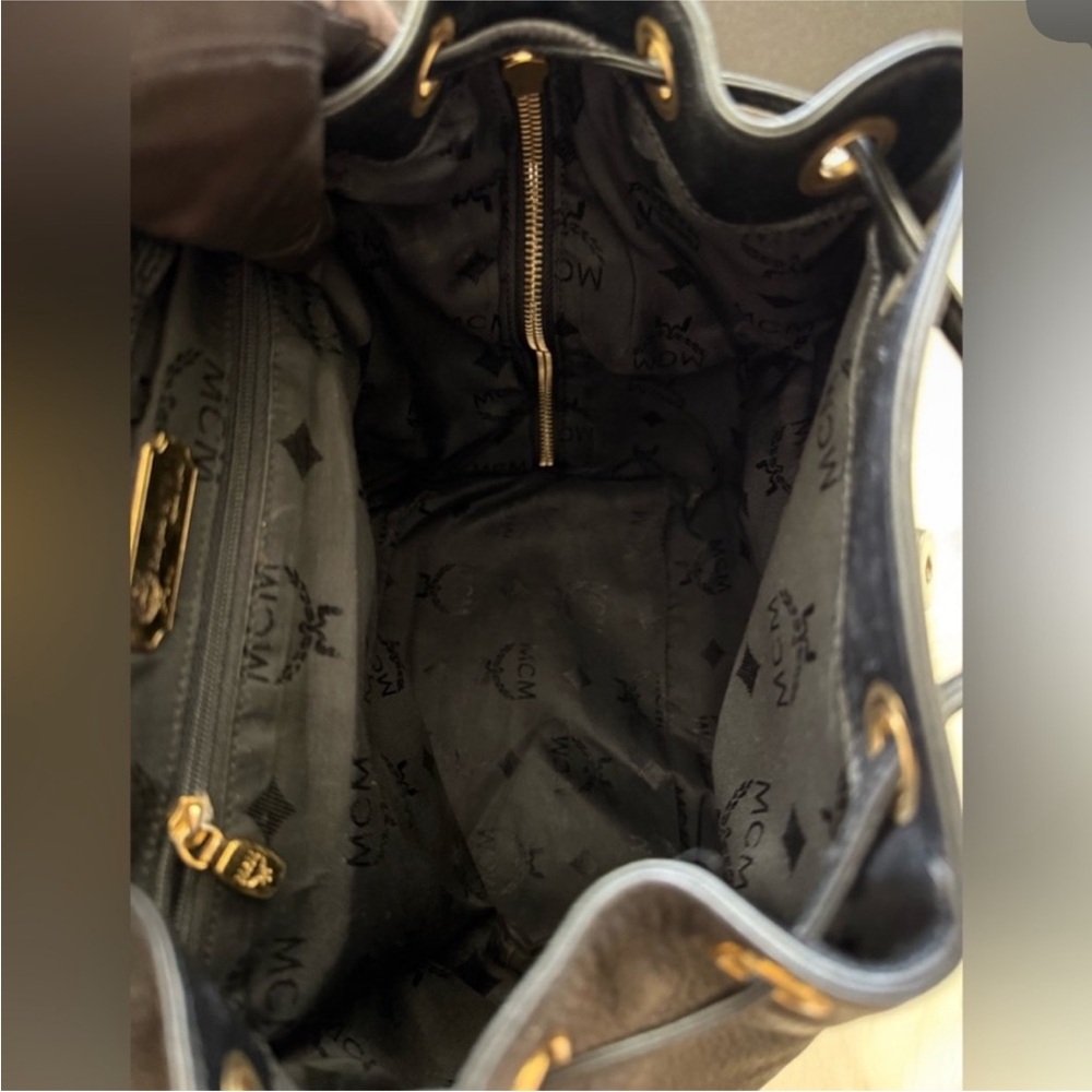 MCM Black Leather Backpack with Gold Accents and draw strings 12"x11" - Picture 15 of 16